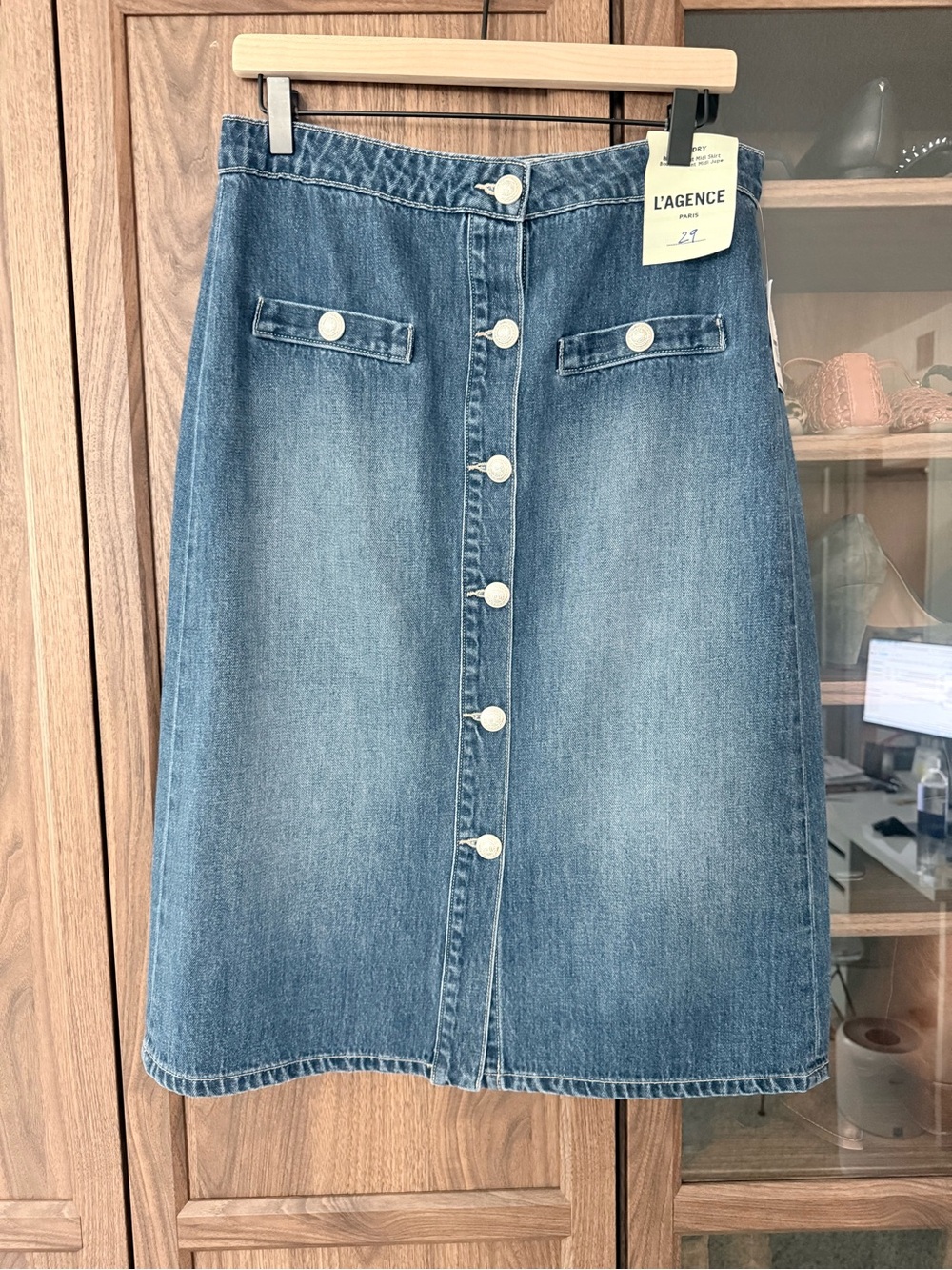 L'AGENCE Medium Blue Denim Button-Front Midi Skirt